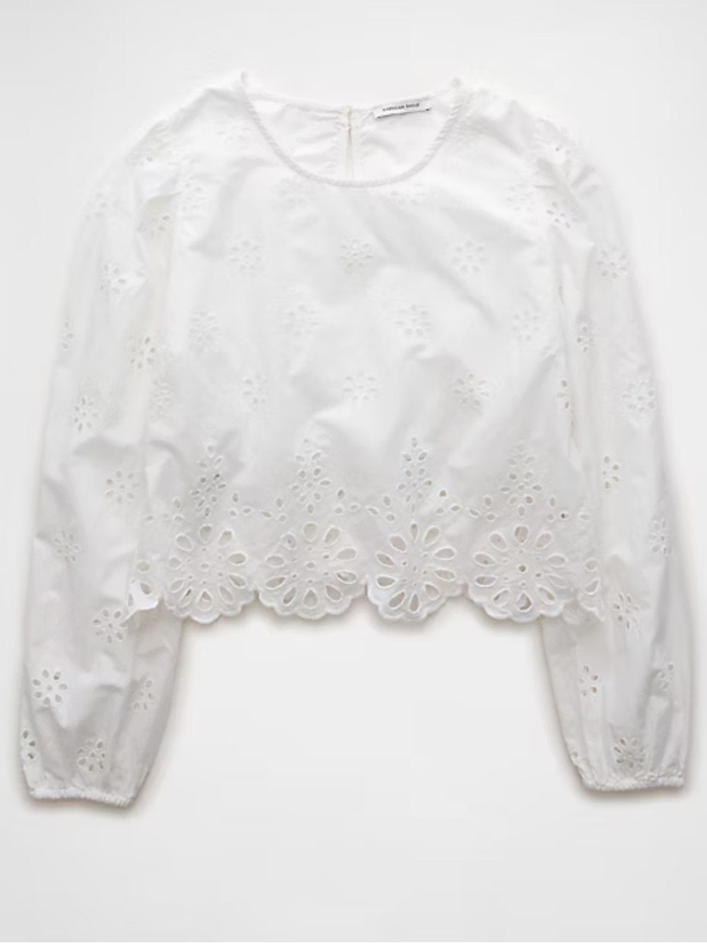 American Eagle Outfitters White Eyelet Long-Sleeve High Neck Cotton Crop Top - Picture 2 of 6